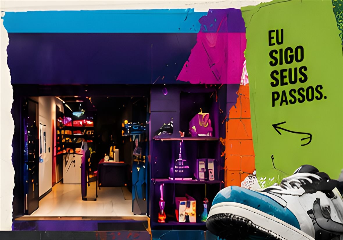 Colagem colorida com loja Shoolé, tênis e a frase Eu sigo seus passos