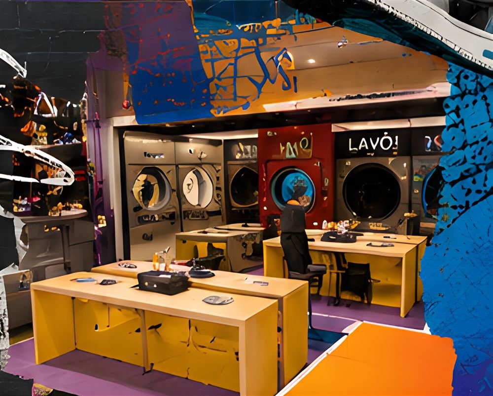 Interior de uma lavanderia Lavô com máquinas e mesas