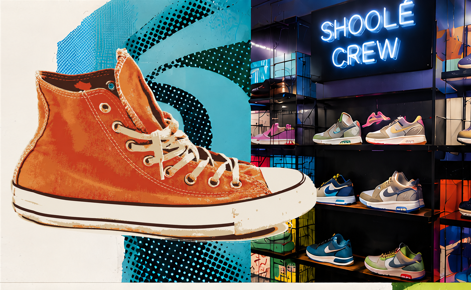 Colagem com tênis laranja completo e loja Shoolé Crew com letreiro neon